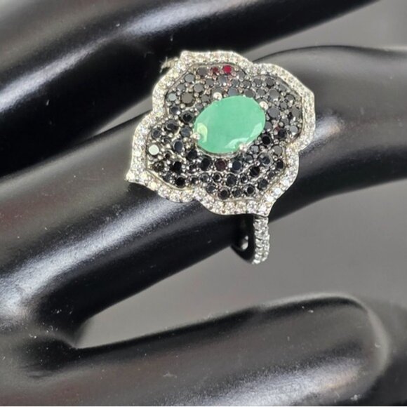 925 Sterling Silver Ring Sz 8 with Natural Emerald 5x7mm & Blk Spinel Gems - Picture 2 of 9